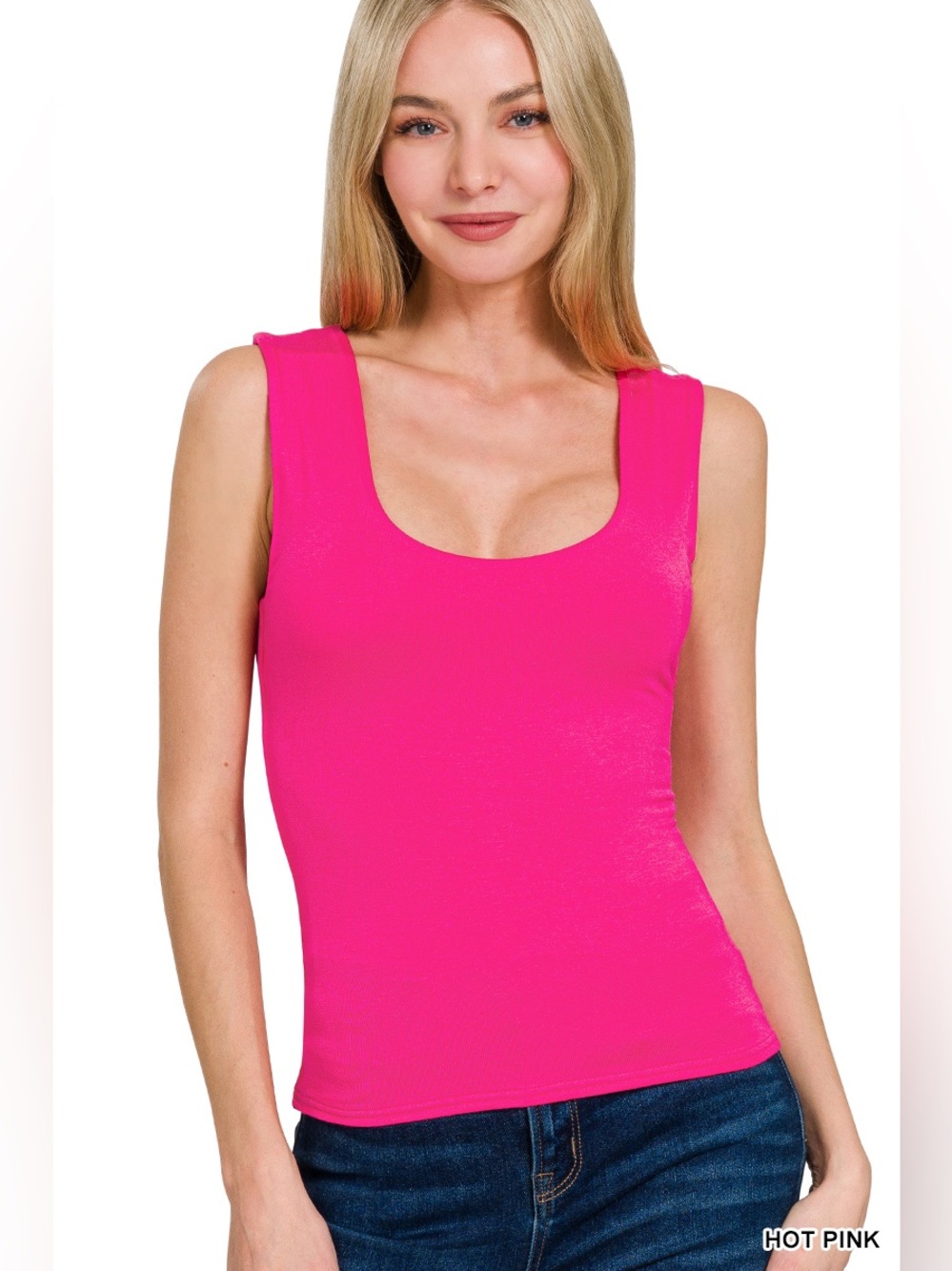 Zenana Women's Double Layered Scoop Neck Tank Top in Hot Pink
